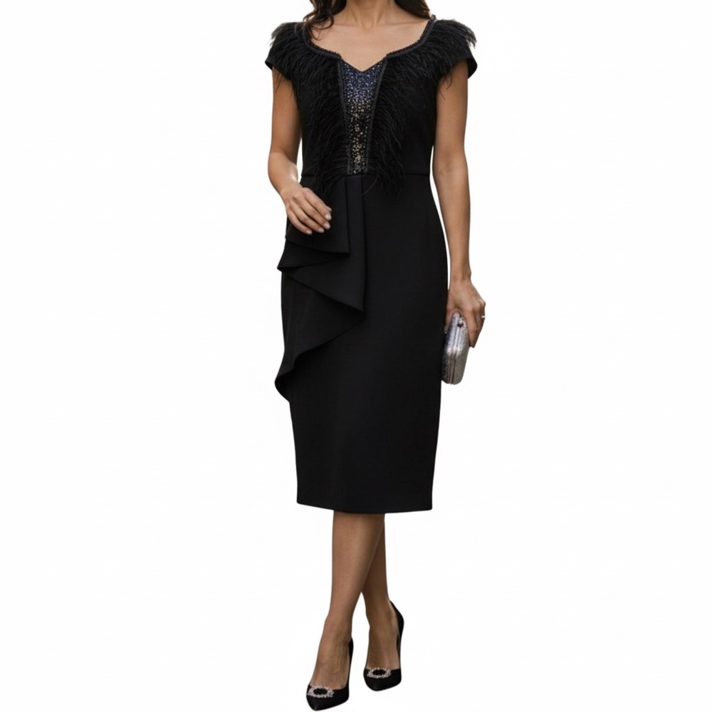 # A189  For Her NYC   Black Feather  Sequin Glam Night out  Dress  NWT  XL